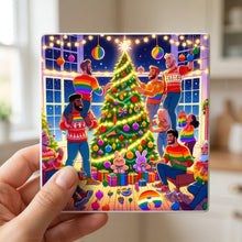 Rainbow Christmas Celebration ceramic coasters set of 4, in hand