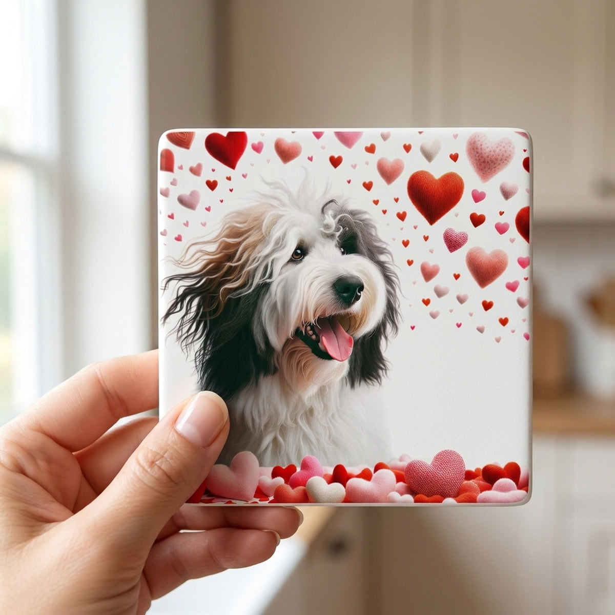 Old English Sheepdog ceramic coasters set of 4, in hand