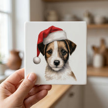 Russell Terrier Puppy Drawing ceramic coasters set of 4, in hand