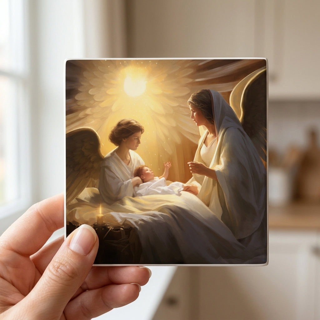Golden Nativity Angels ceramic coasters set of 4, in hand