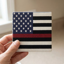 Thin Red Line Flag ceramic coasters set of 4, in hand