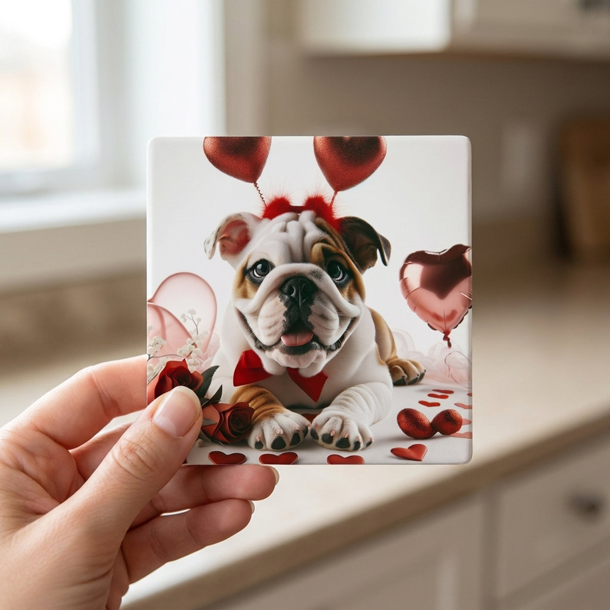 Bulldog ceramic coasters set of 4, in hand