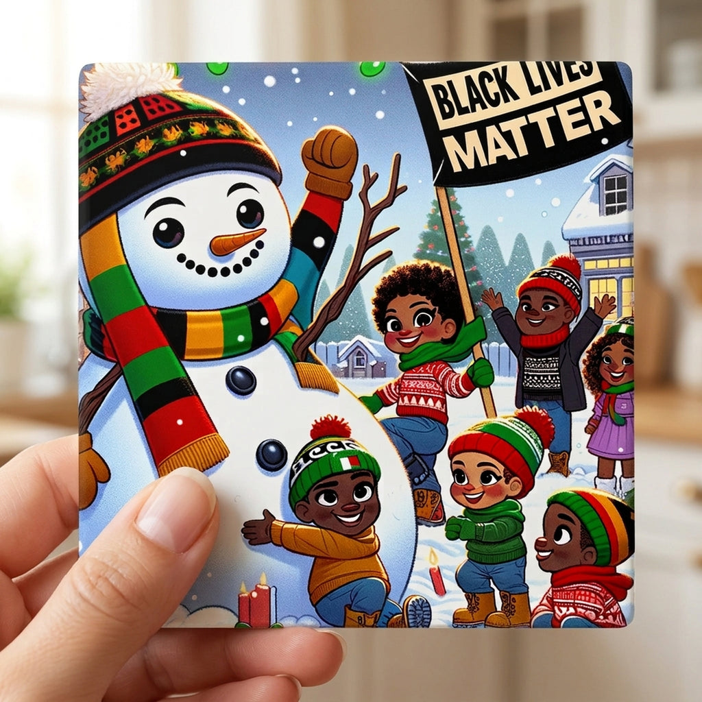 Festive Snowman Friends ceramic coasters set of 4, in hand