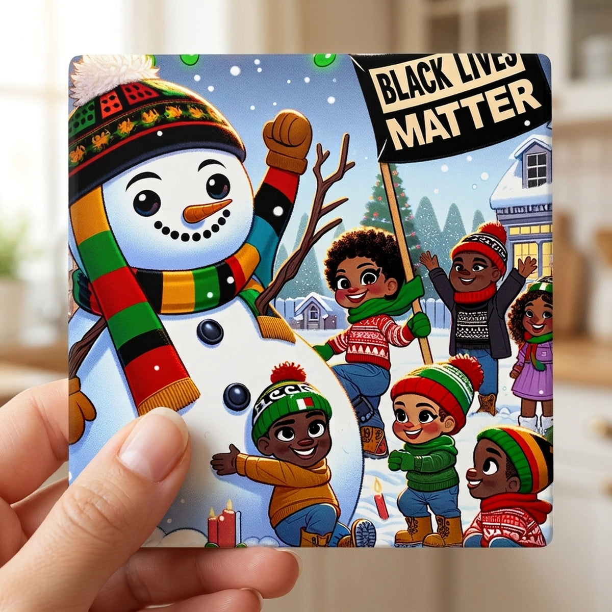 Festive Snowman Friends ceramic coasters set of 4, in hand