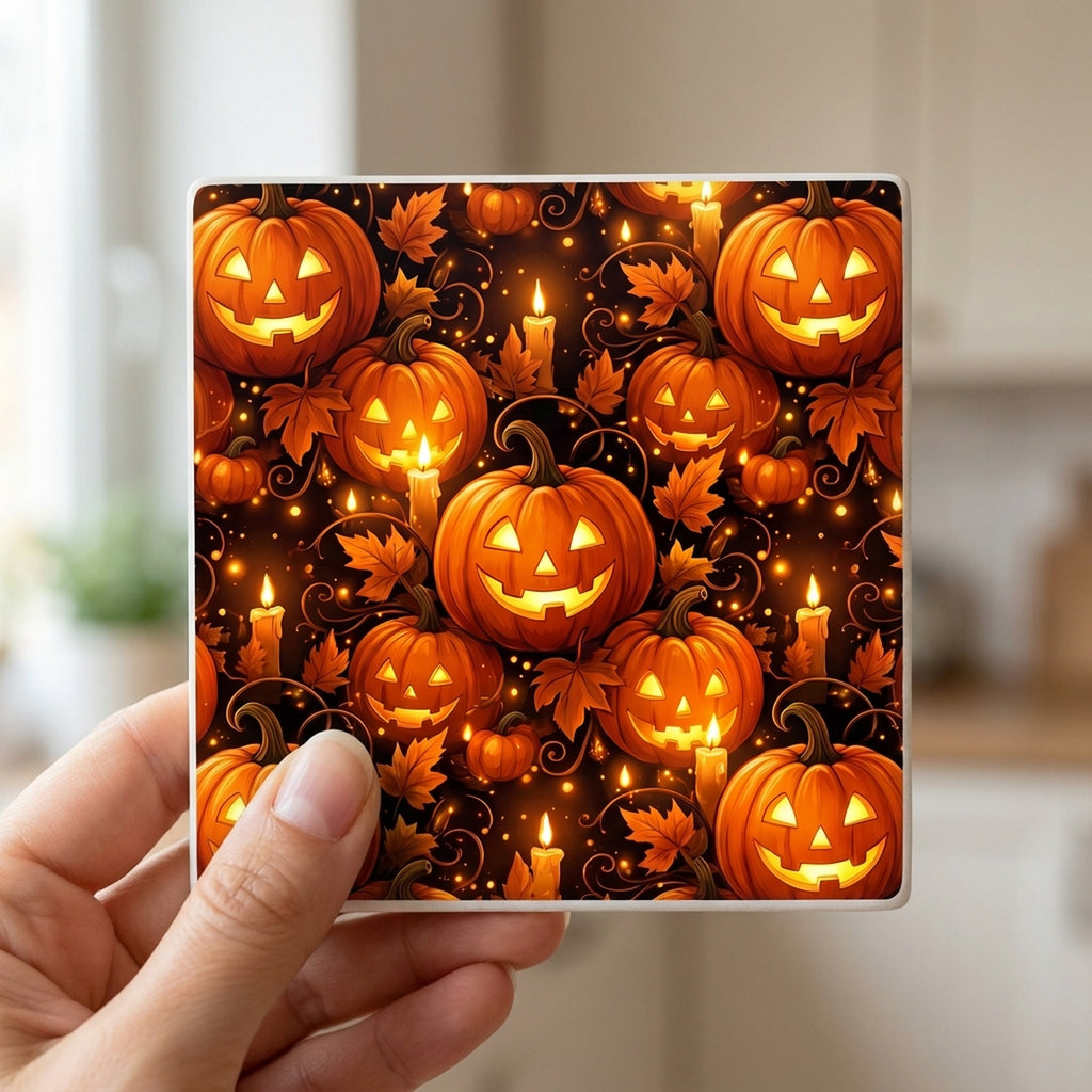 Halloween Pumpkins ceramic coasters set of 4, in hand