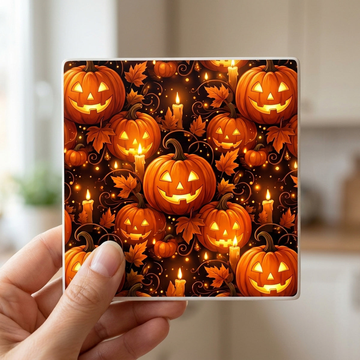 Halloween Pumpkins ceramic coasters set of 4, in hand