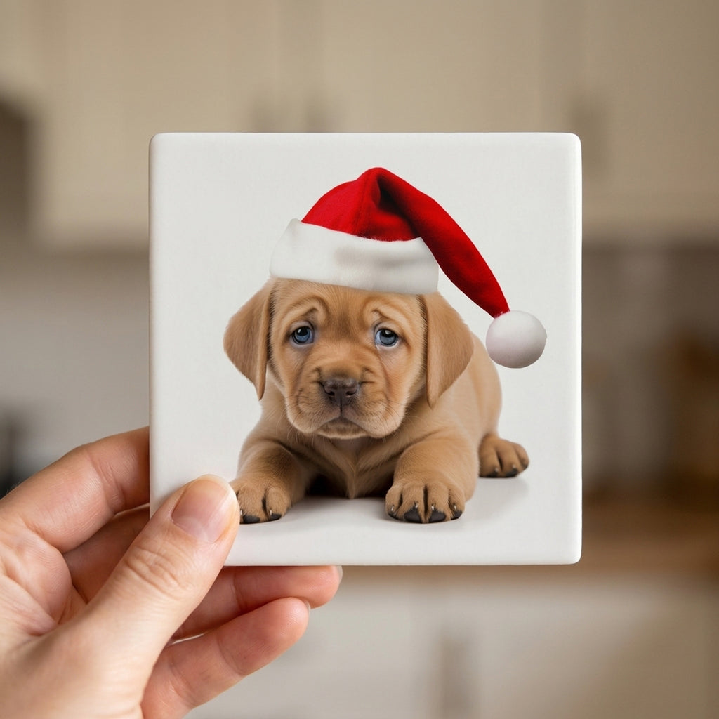 Pulik Puppy ceramic coasters set of 4, in hand