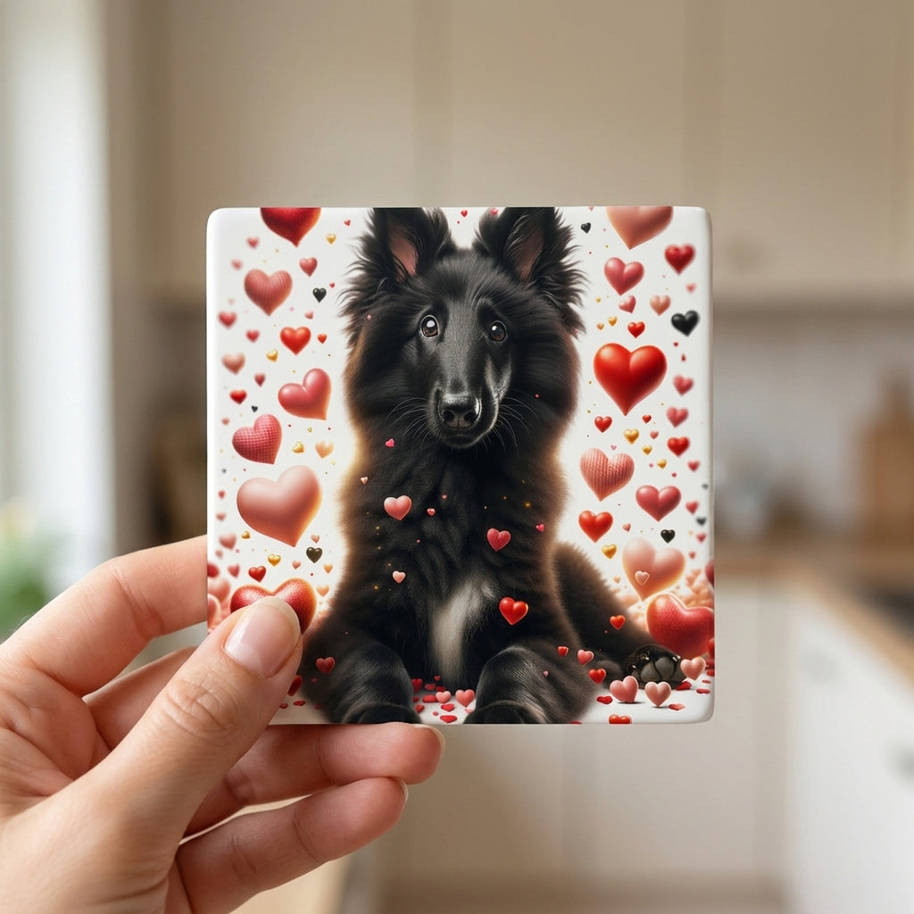 Belgian Sheepdog ceramic coasters set of 4, in hand