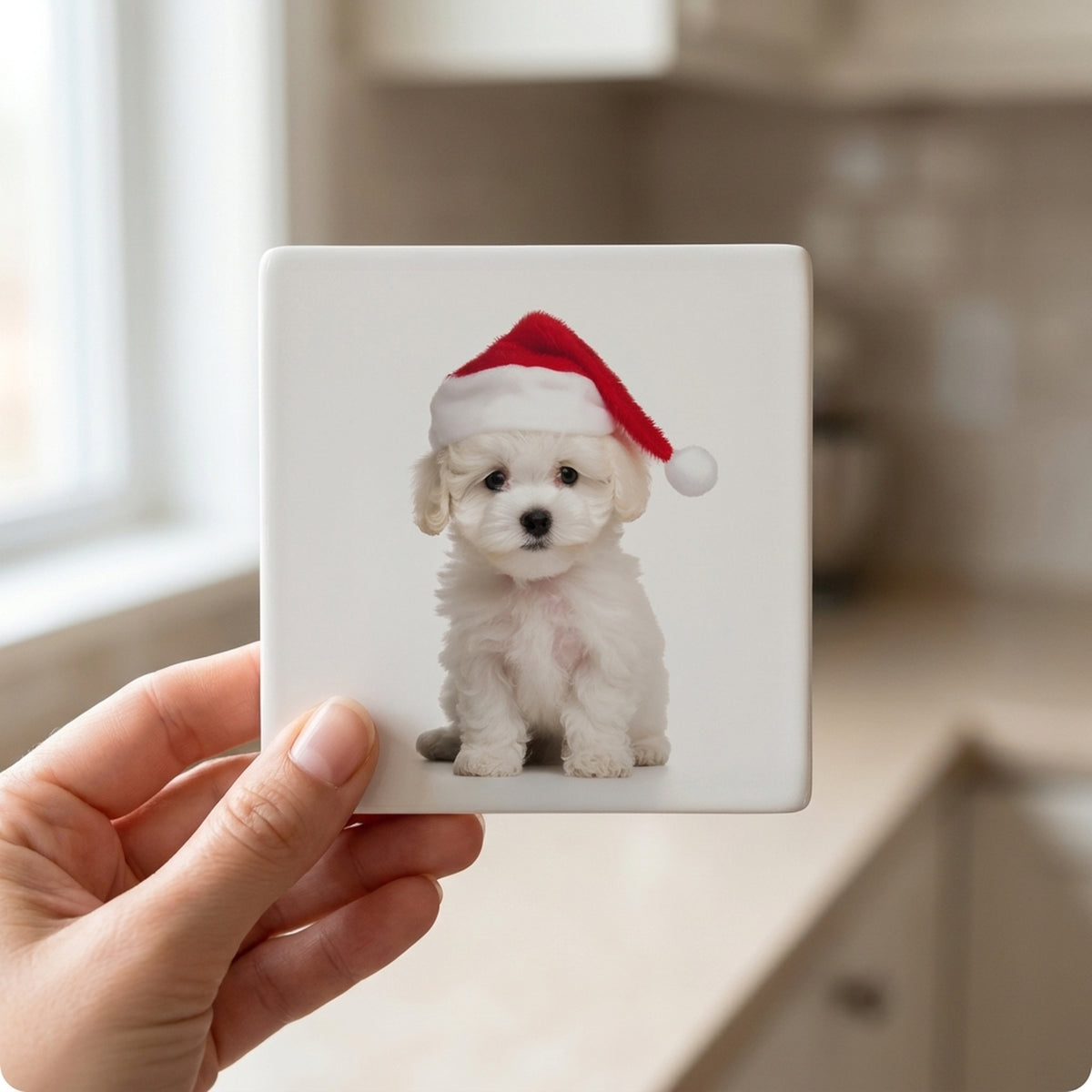 Bichon Frise Puppy ceramic coasters set of 4, in hand