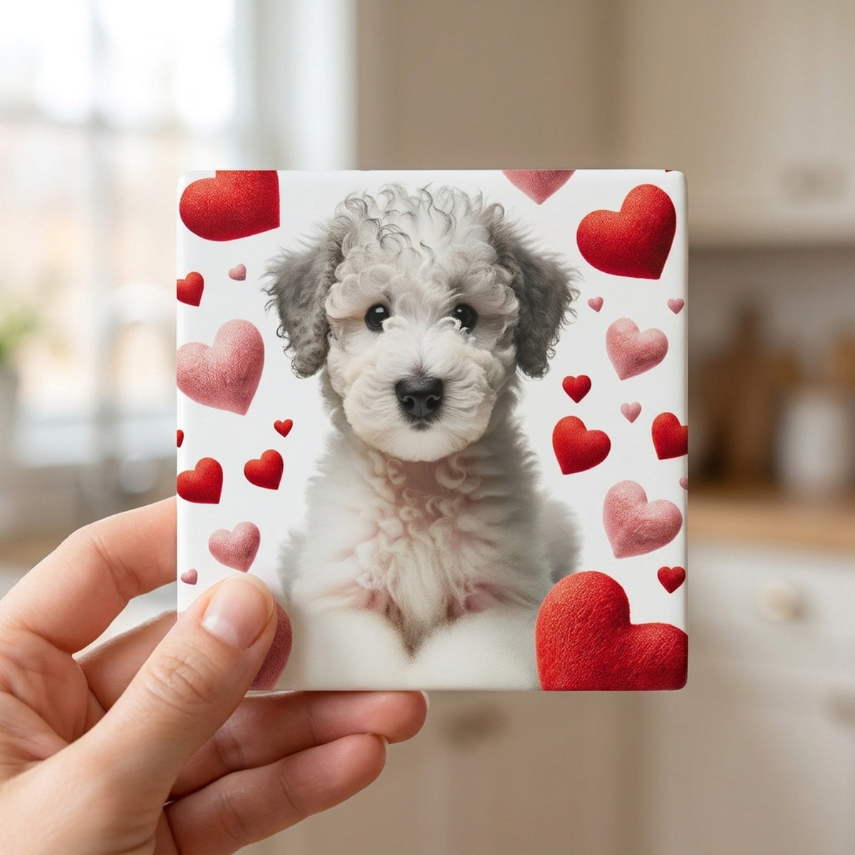 Bedlington Terrier ceramic coasters set of 4, in hand