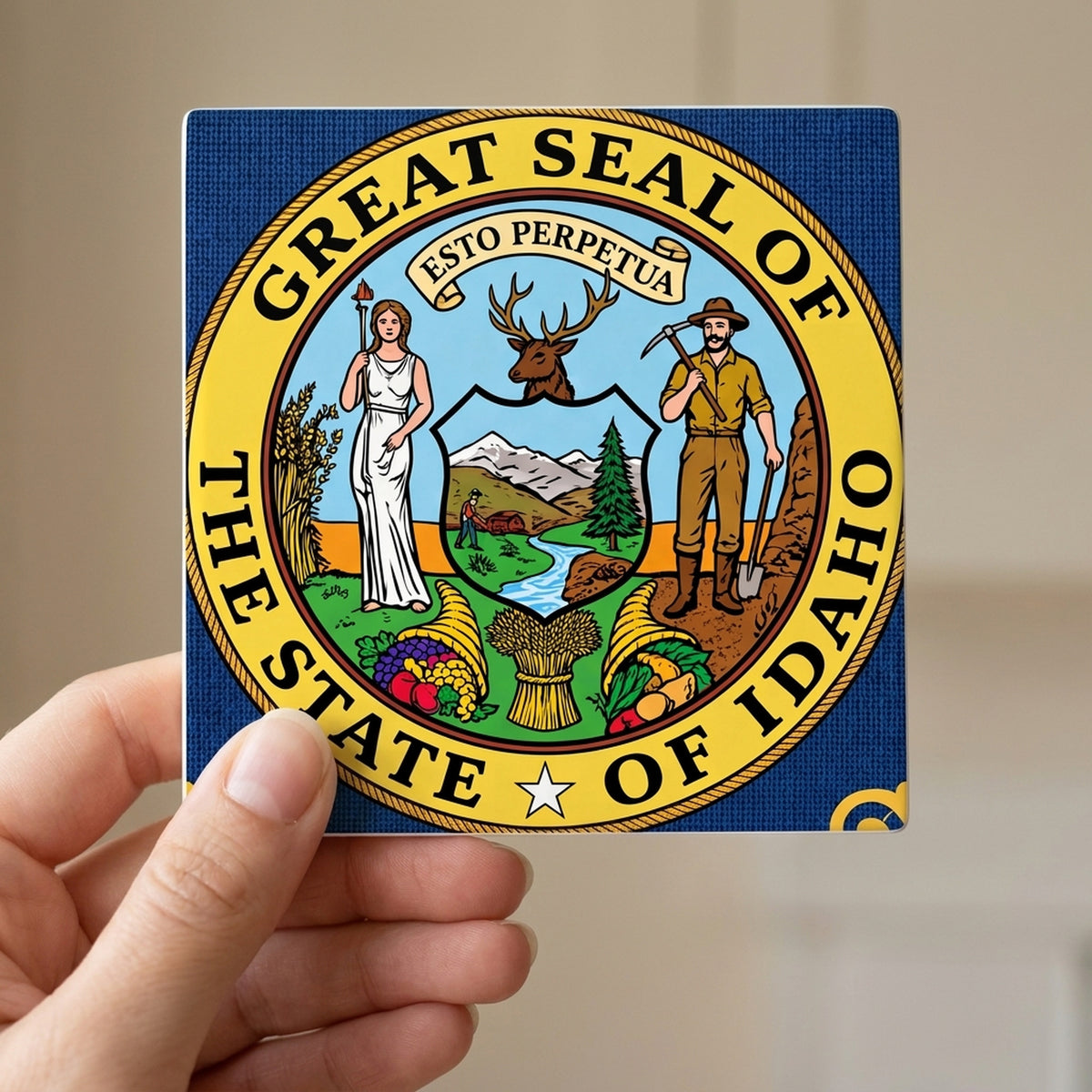 Idaho State Flag ceramic coasters set of 4, in hand
