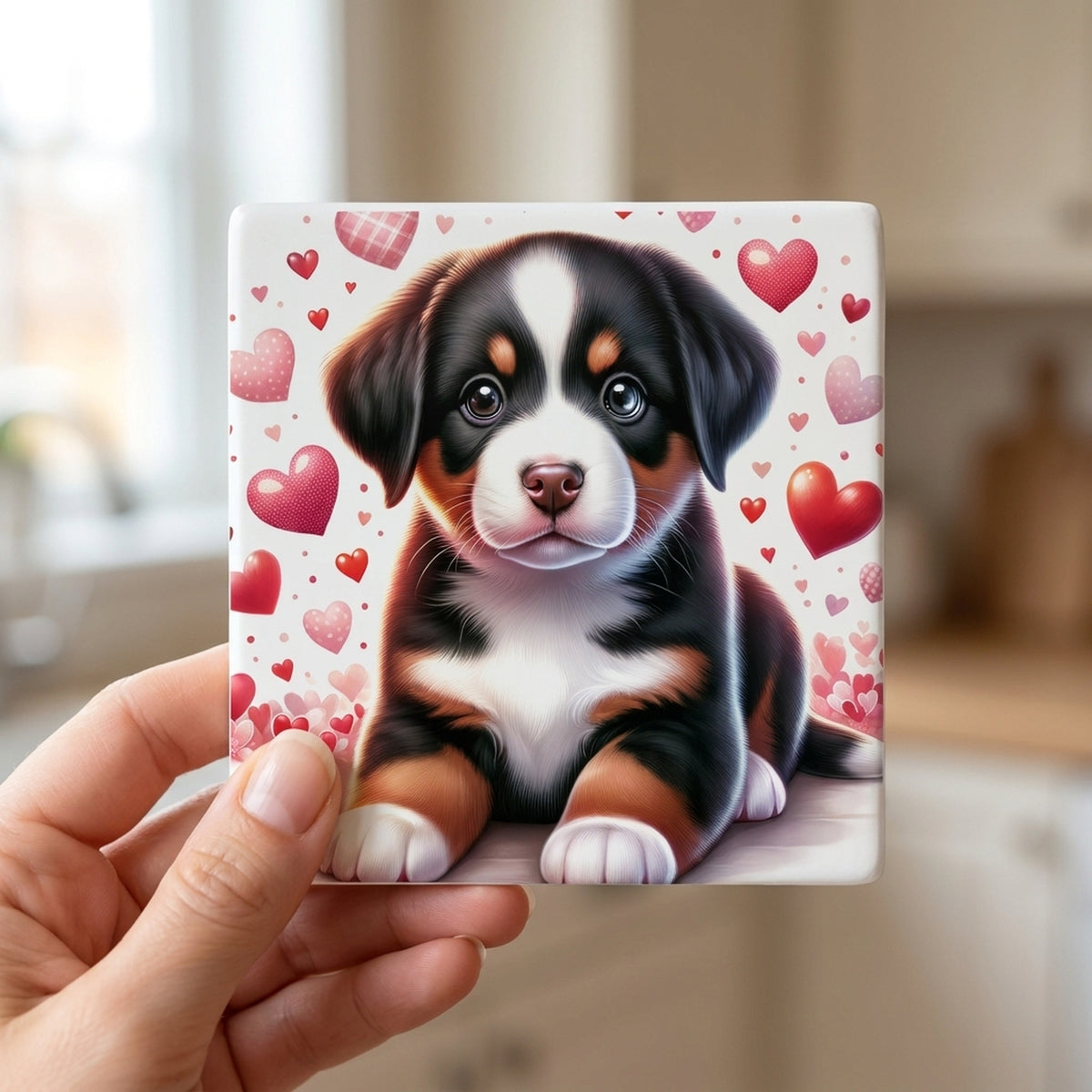 Bernese Mountain Dog ceramic coasters set of 4, in hand
