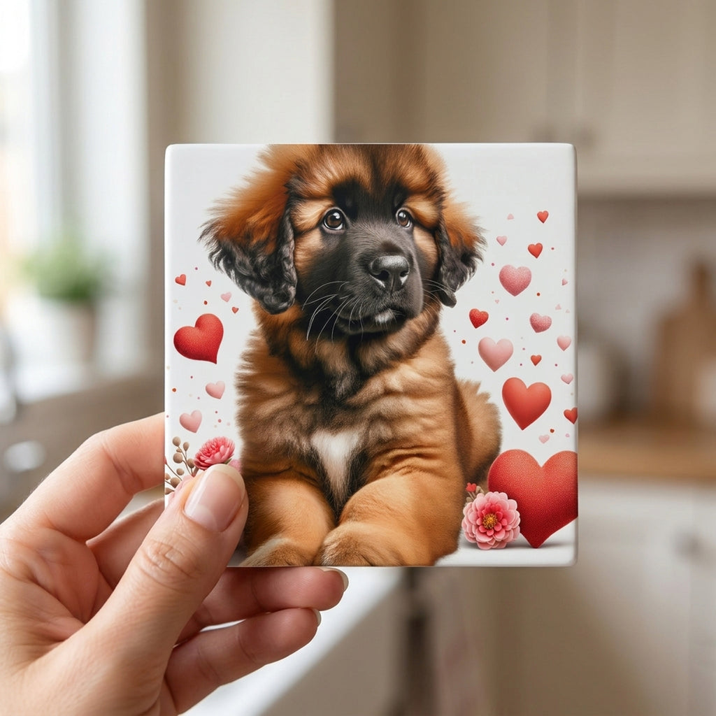 Leonberger ceramic coasters set of 4, in hand