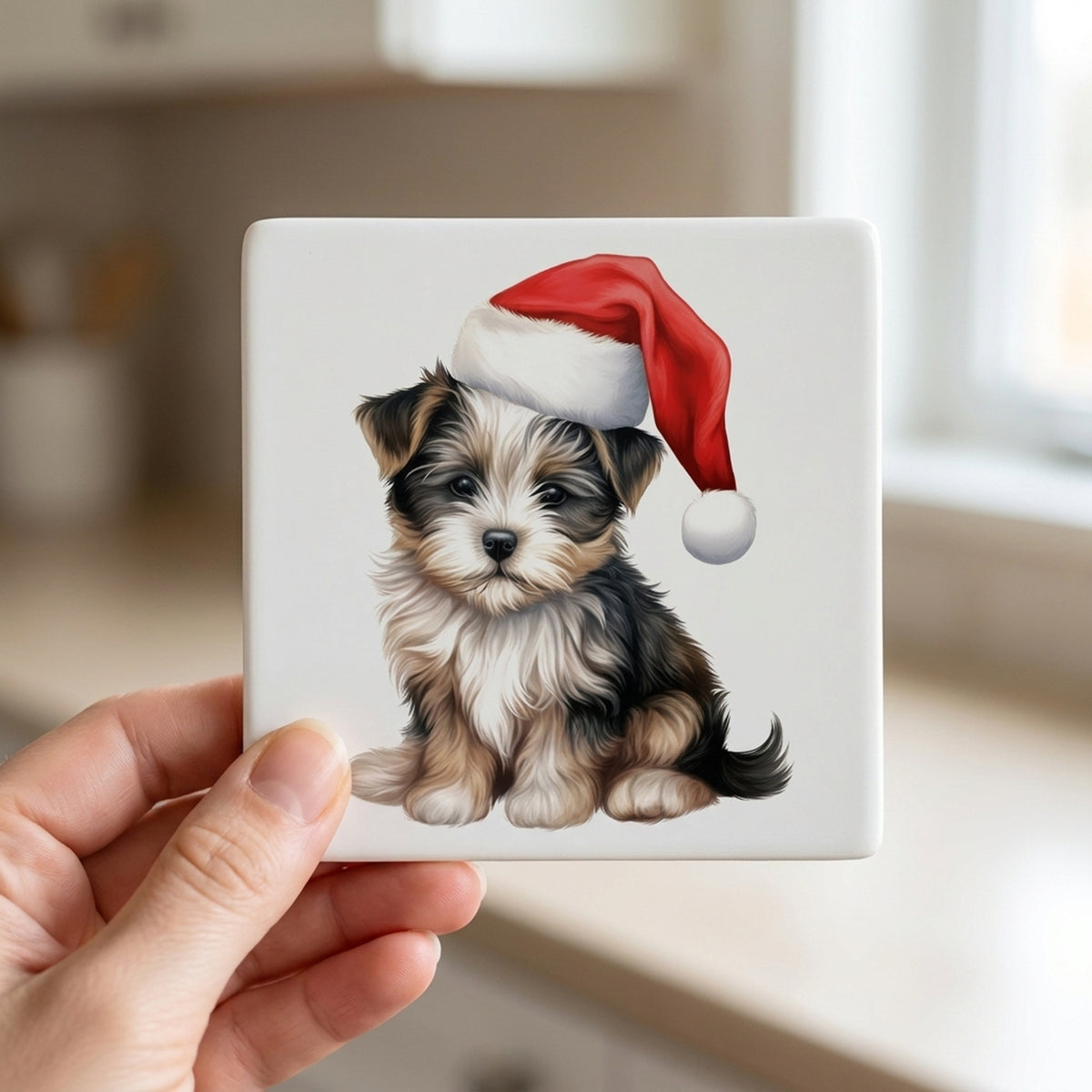 Biewer Terrier Puppy Drawing ceramic coasters set of 4, in hand