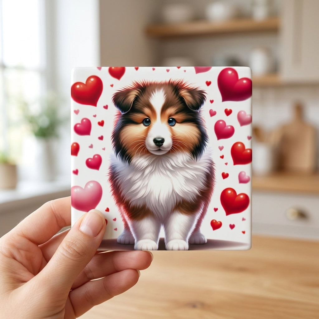 Shetland Sheepdog ceramic coasters set of 4, in hand