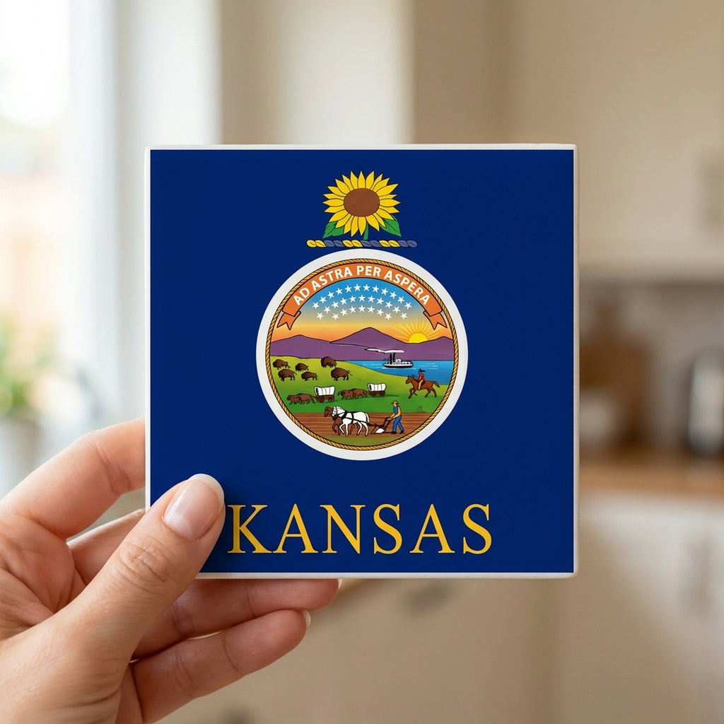 Kansas State Flag ceramic coasters set of 4, in hand