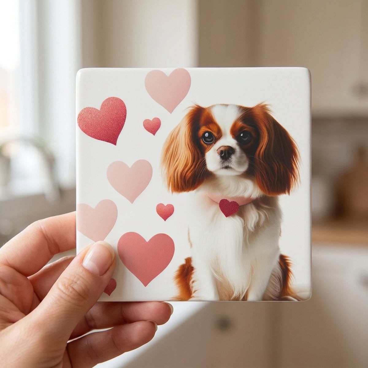 Cavalier King Charles Spaniel ceramic coasters set of 4, in hand