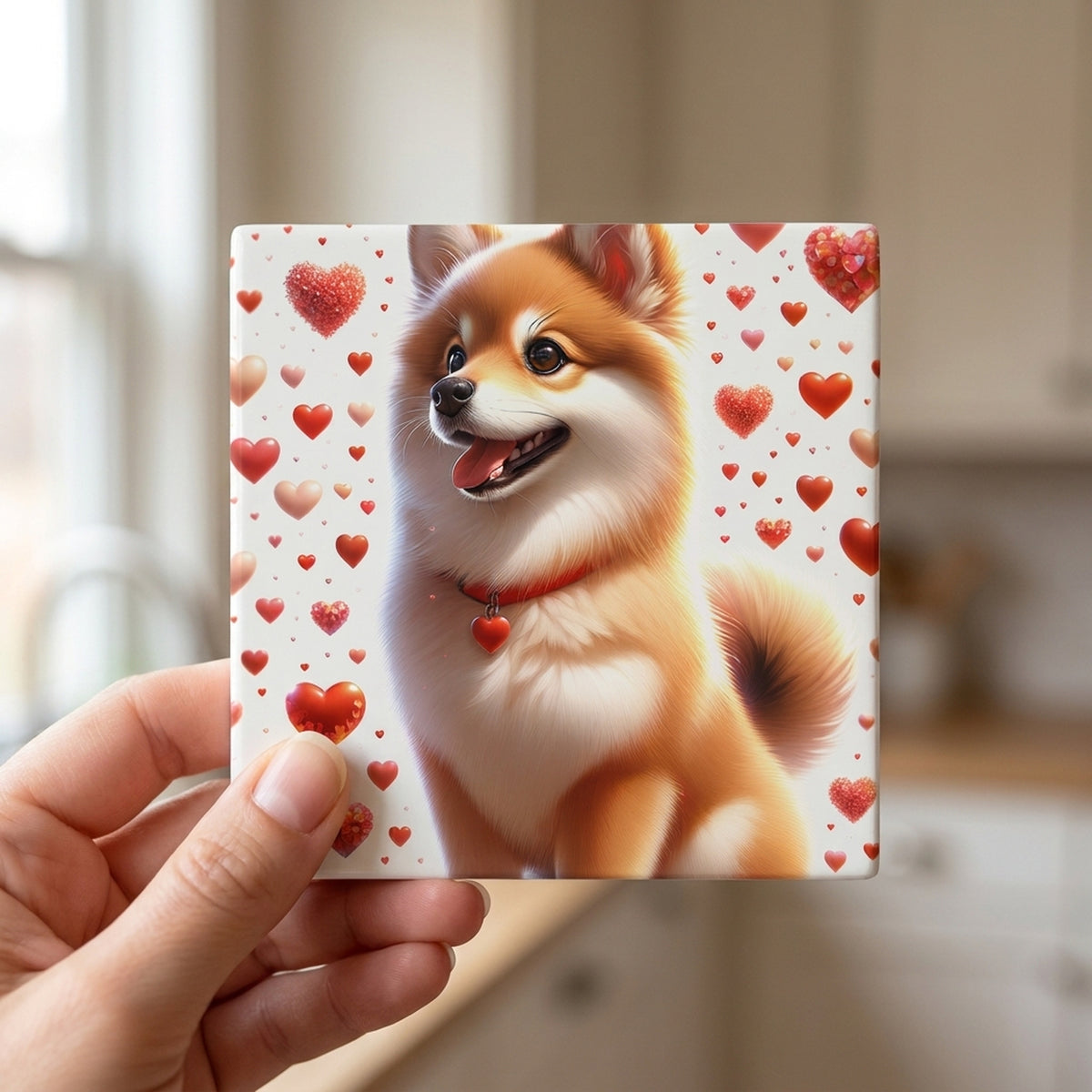 Shiba Inu ceramic coasters set of 4, in hand