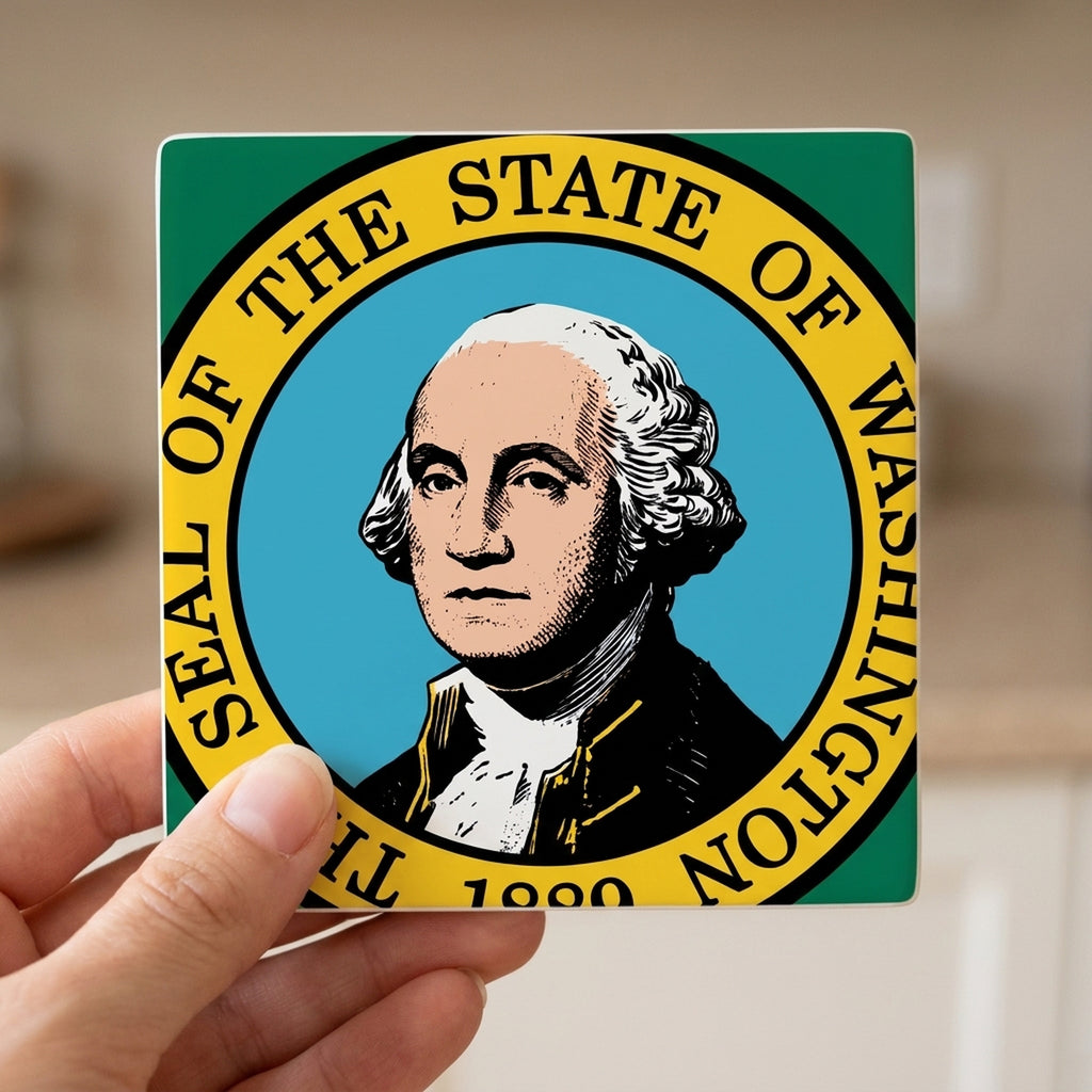 Washington State Flag ceramic coasters set of 4, in hand