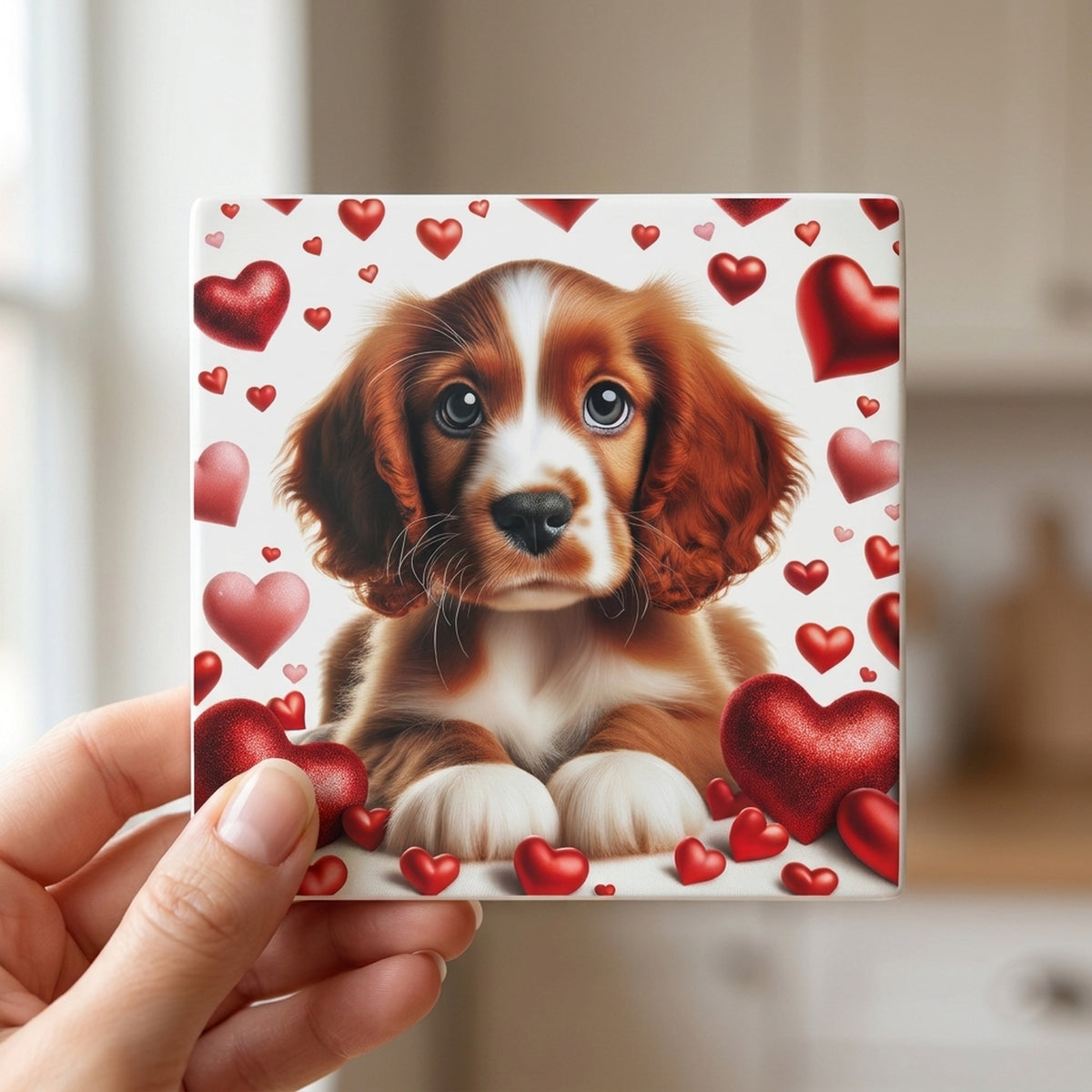 Cavalier King Charles Spaniel ceramic coasters set of 4, in hand