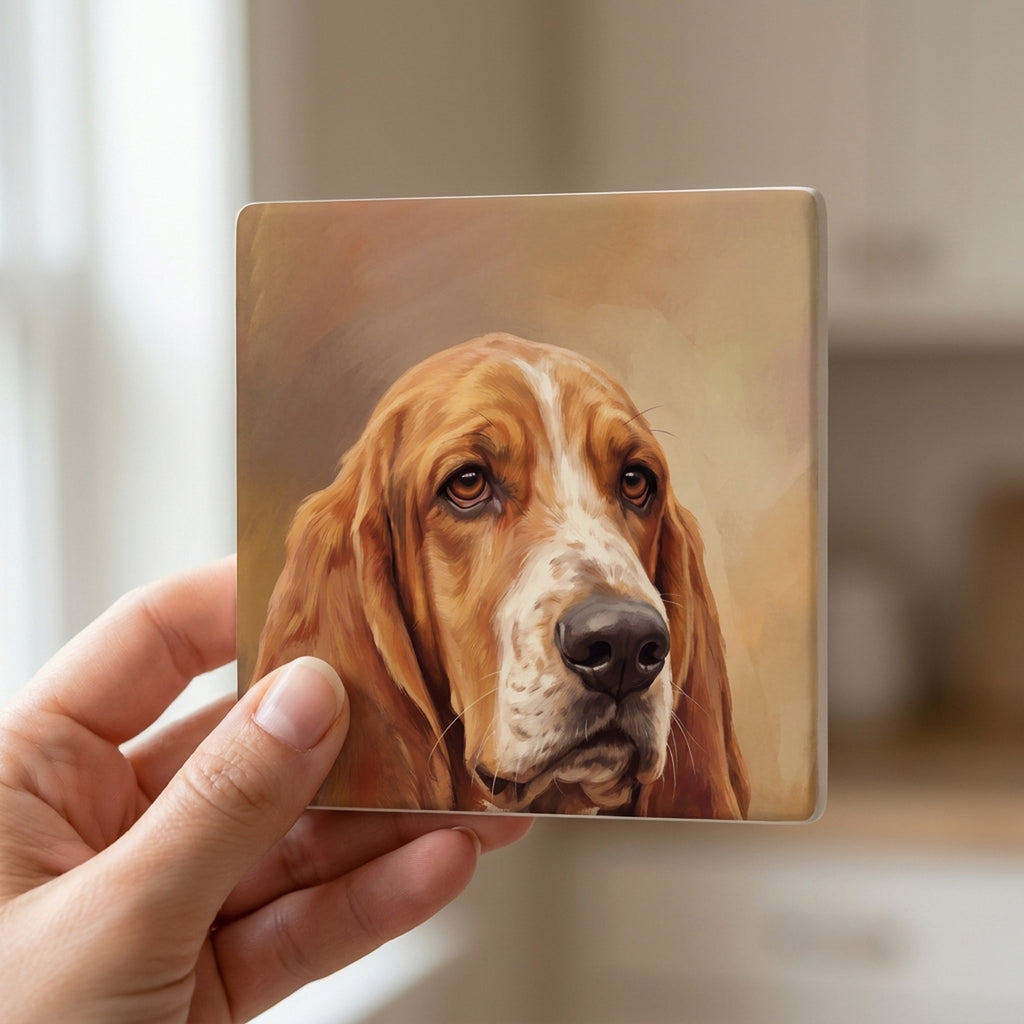 Basset Hound Portrait ceramic coasters set of 4, in hand