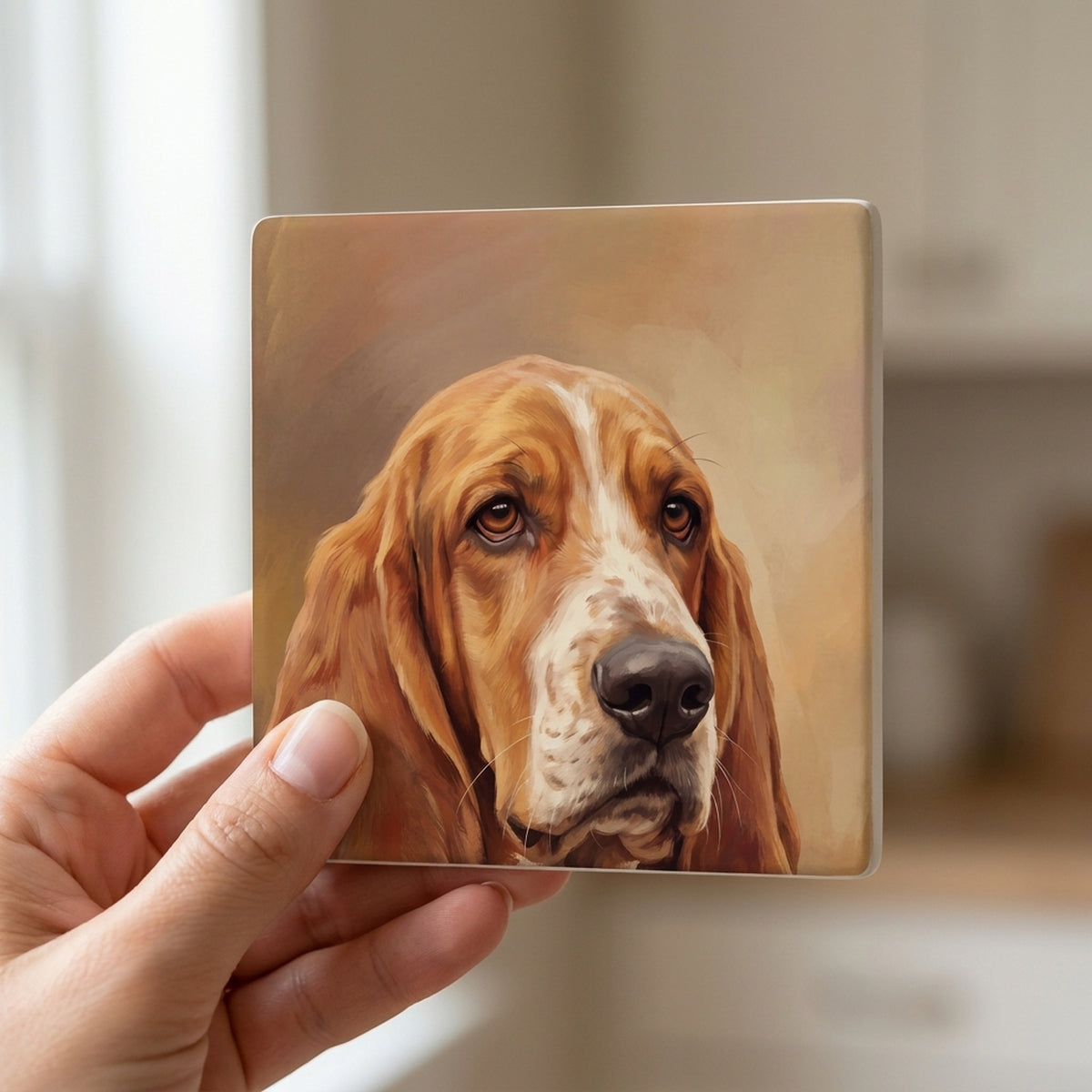 Basset Hound Portrait ceramic coasters set of 4, in hand