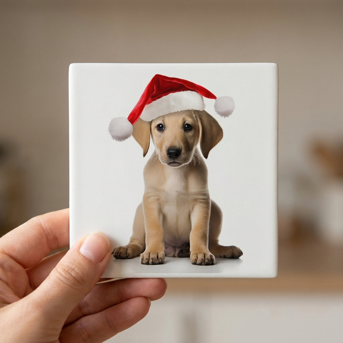 Sloughi Puppy ceramic coasters set of 4, in hand