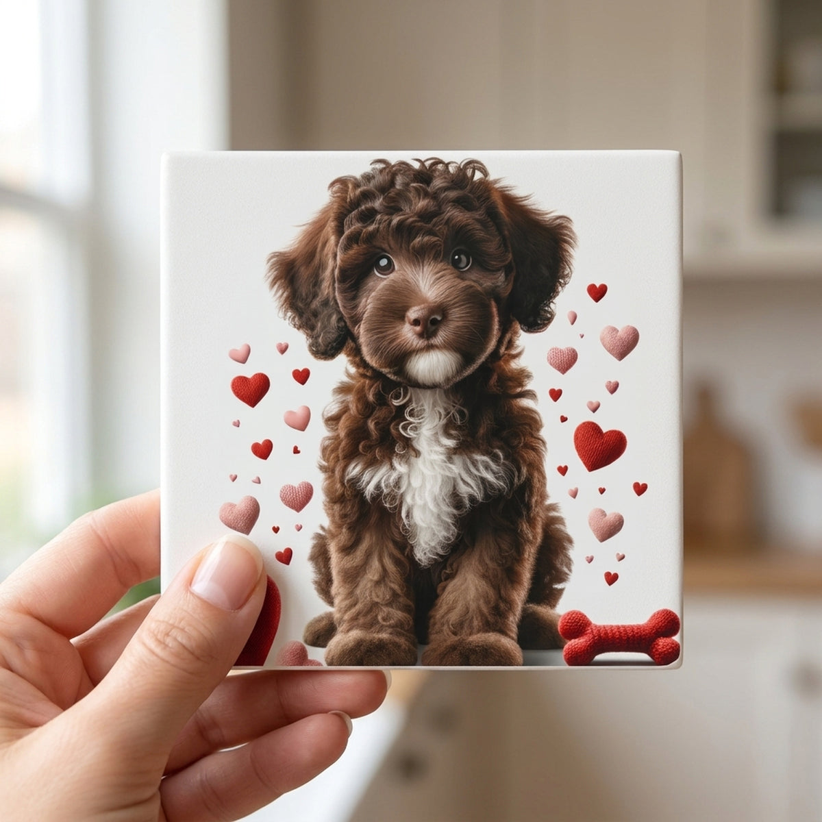 Portuguese Water Dog ceramic coasters set of 4, in hand