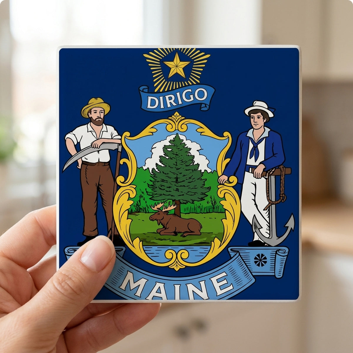 Maine State Flag ceramic coasters set of 4, in hand