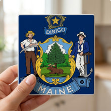 Maine State Flag ceramic coasters set of 4, in hand