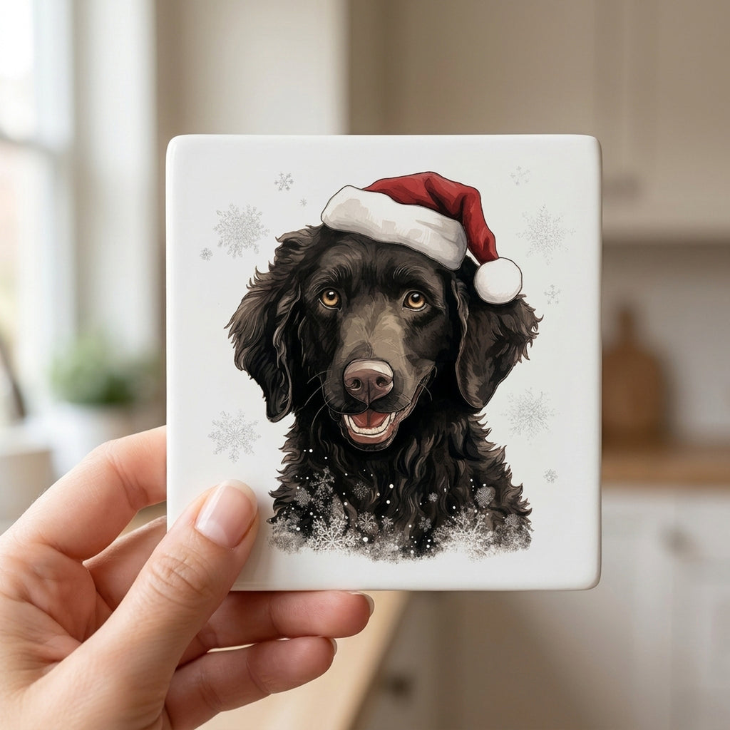 Curly-Coated Retriever Puppy Drawing ceramic coasters set of 4, in hand