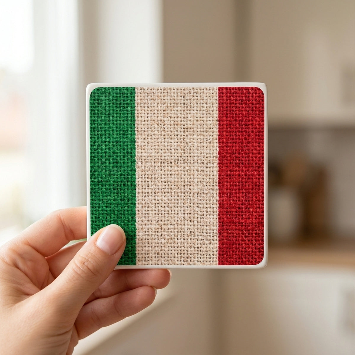 Italy Flag Pride ceramic coasters set of 4, in hand