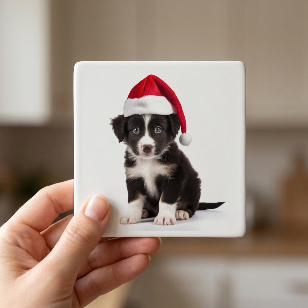 Border Collie Puppy ceramic coasters set of 4, in hand