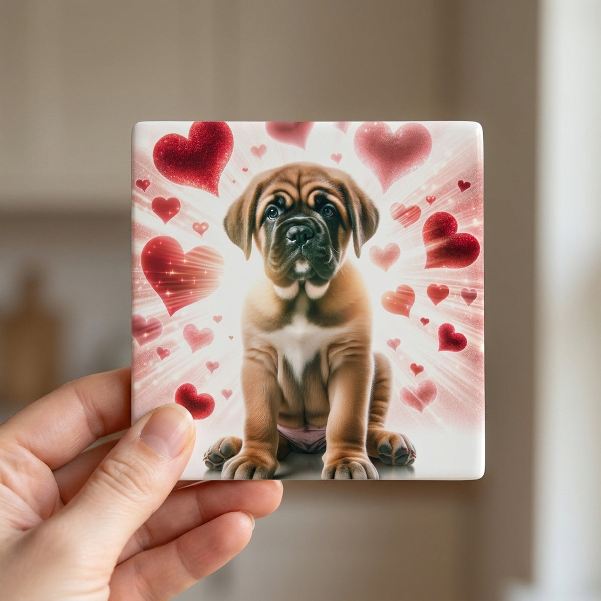 Mastiff ceramic coasters set of 4, in hand