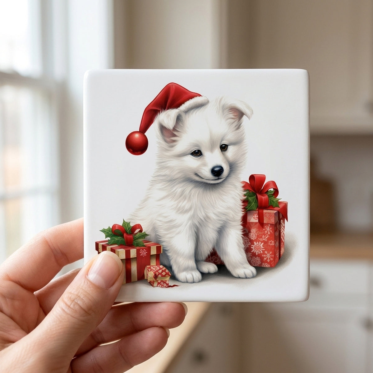 American Eskimo Dog Puppy Drawing ceramic coasters set of 4, in hand