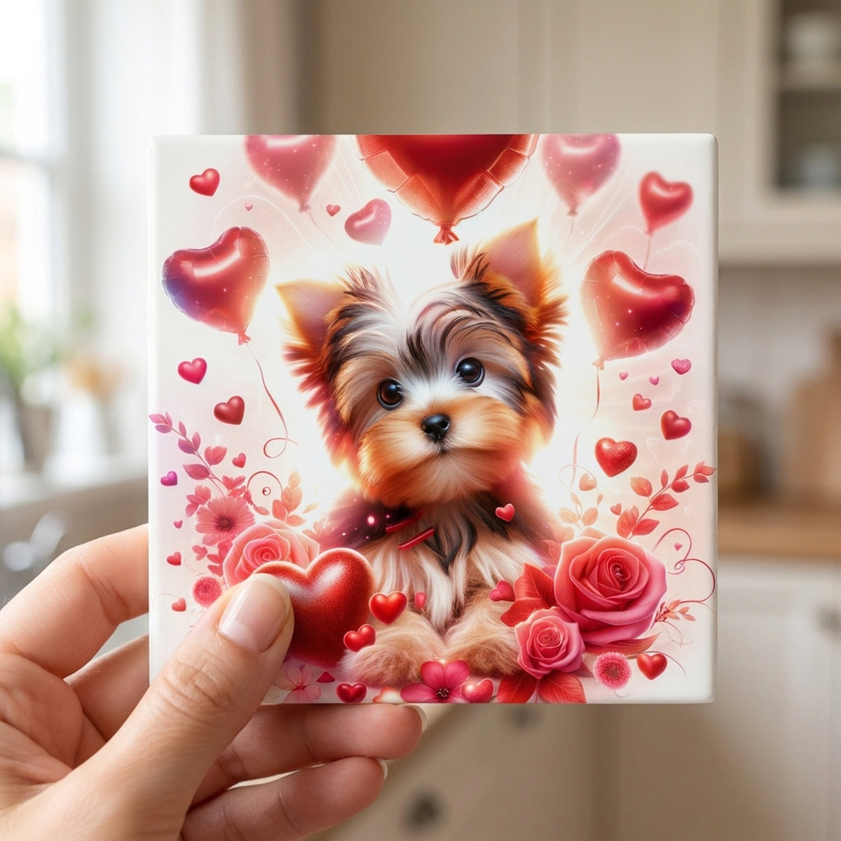 Yorkshire Terrier ceramic coasters set of 4, in hand
