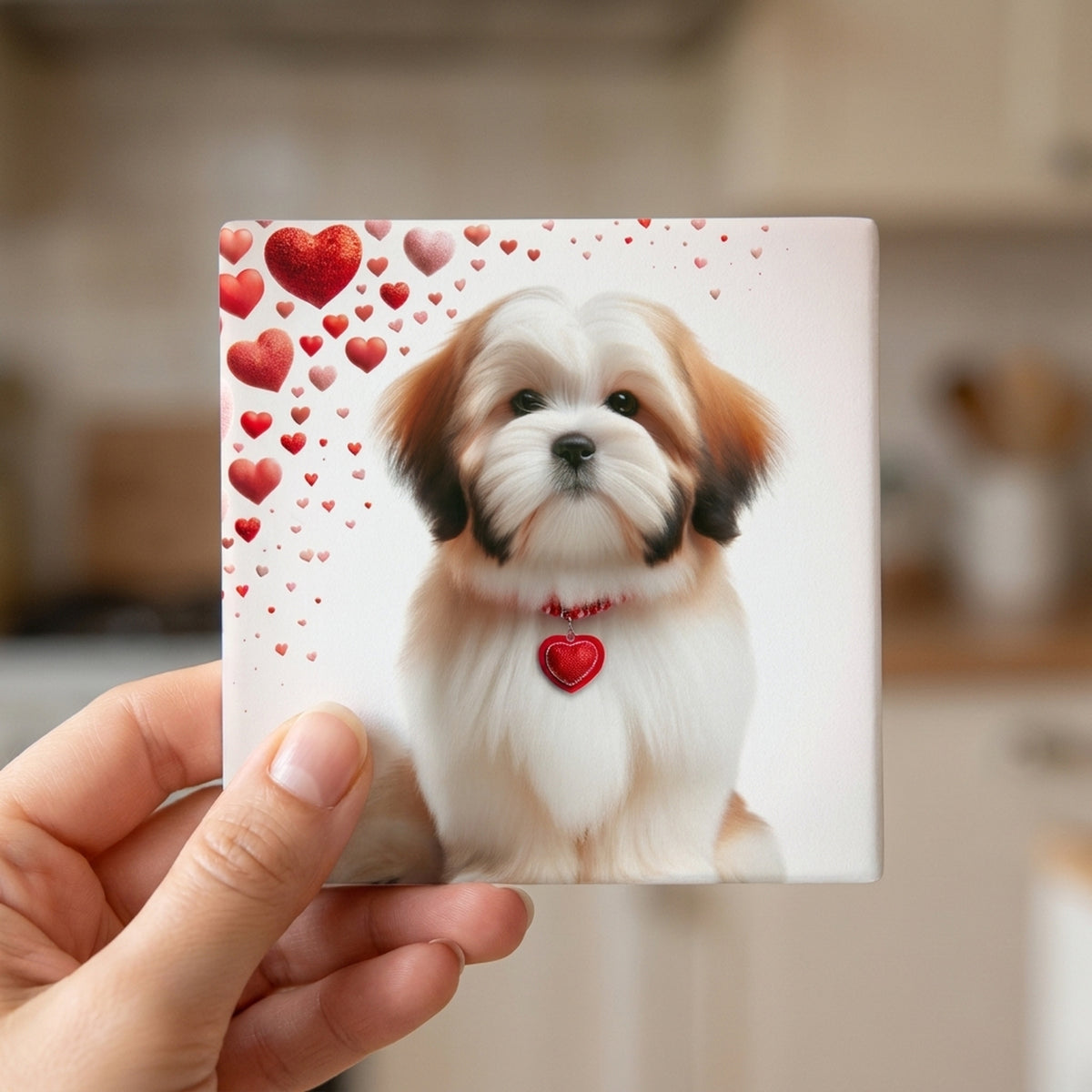 Shih Tzu ceramic coasters set of 4, in hand