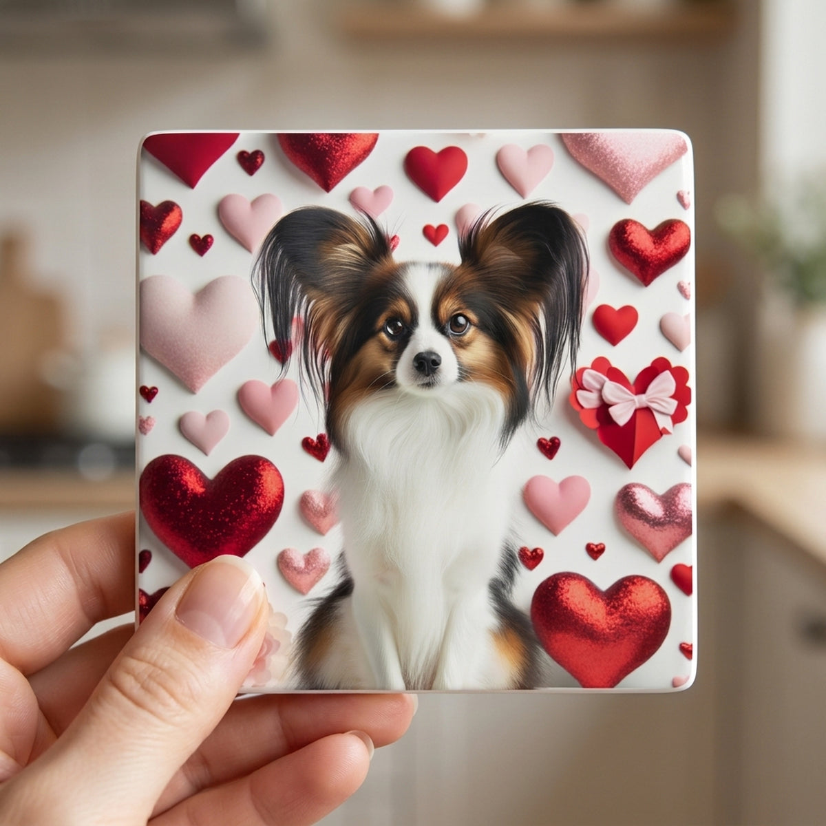 Papillon ceramic coasters set of 4, in hand