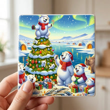 Arctic Holiday Polar Bears ceramic coasters set of 4, in hand
