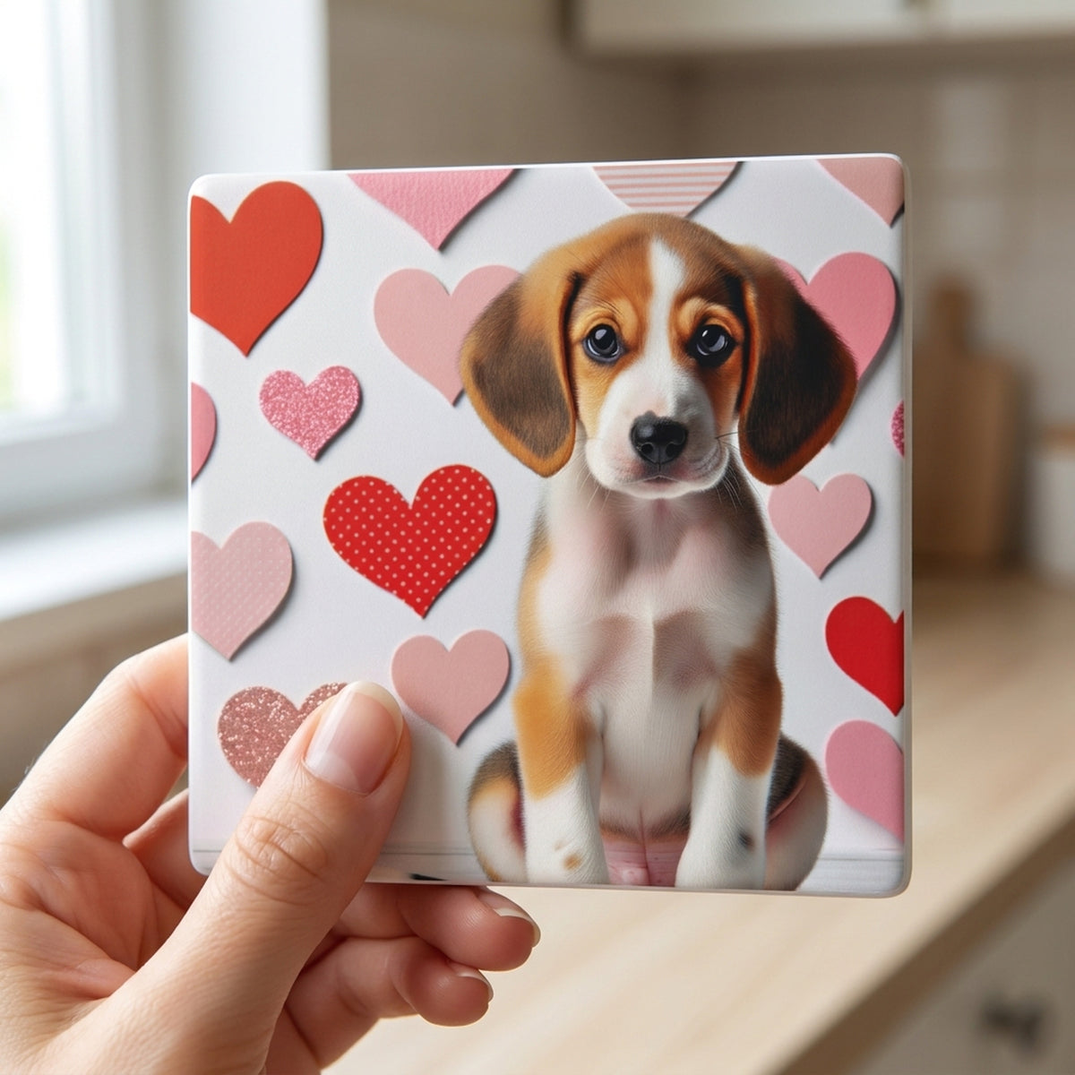Beagle ceramic coasters set of 4, in hand
