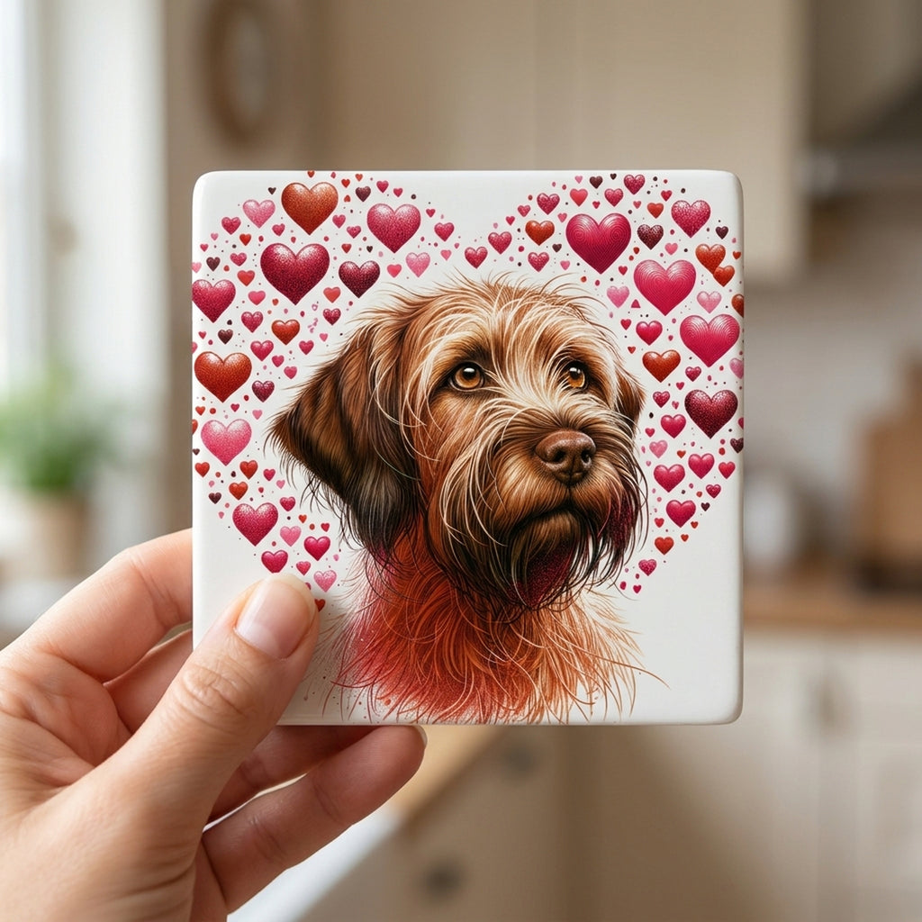 Wirehaired Pointing Griffon ceramic coasters set of 4, in hand