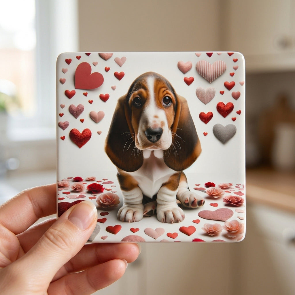 Basset Hound ceramic coasters set of 4, in hand