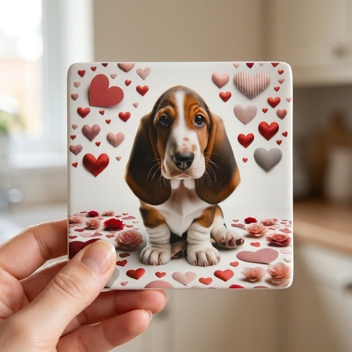 Basset Hound ceramic coasters set of 4, in hand