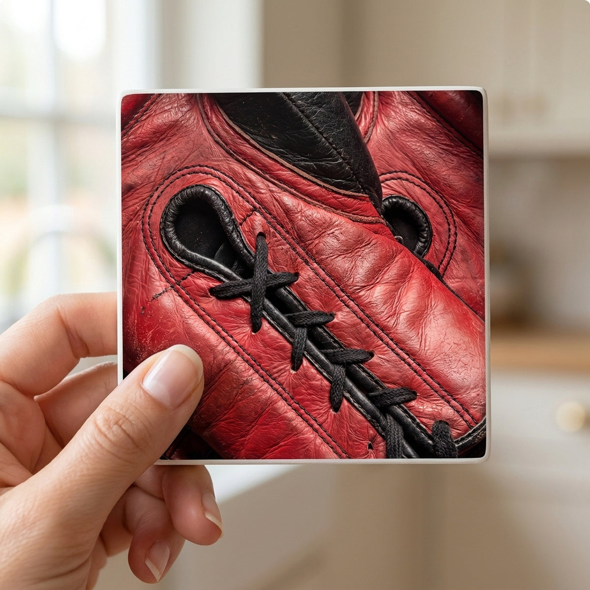 Boxing Gloves ceramic coasters set of 4, in hand