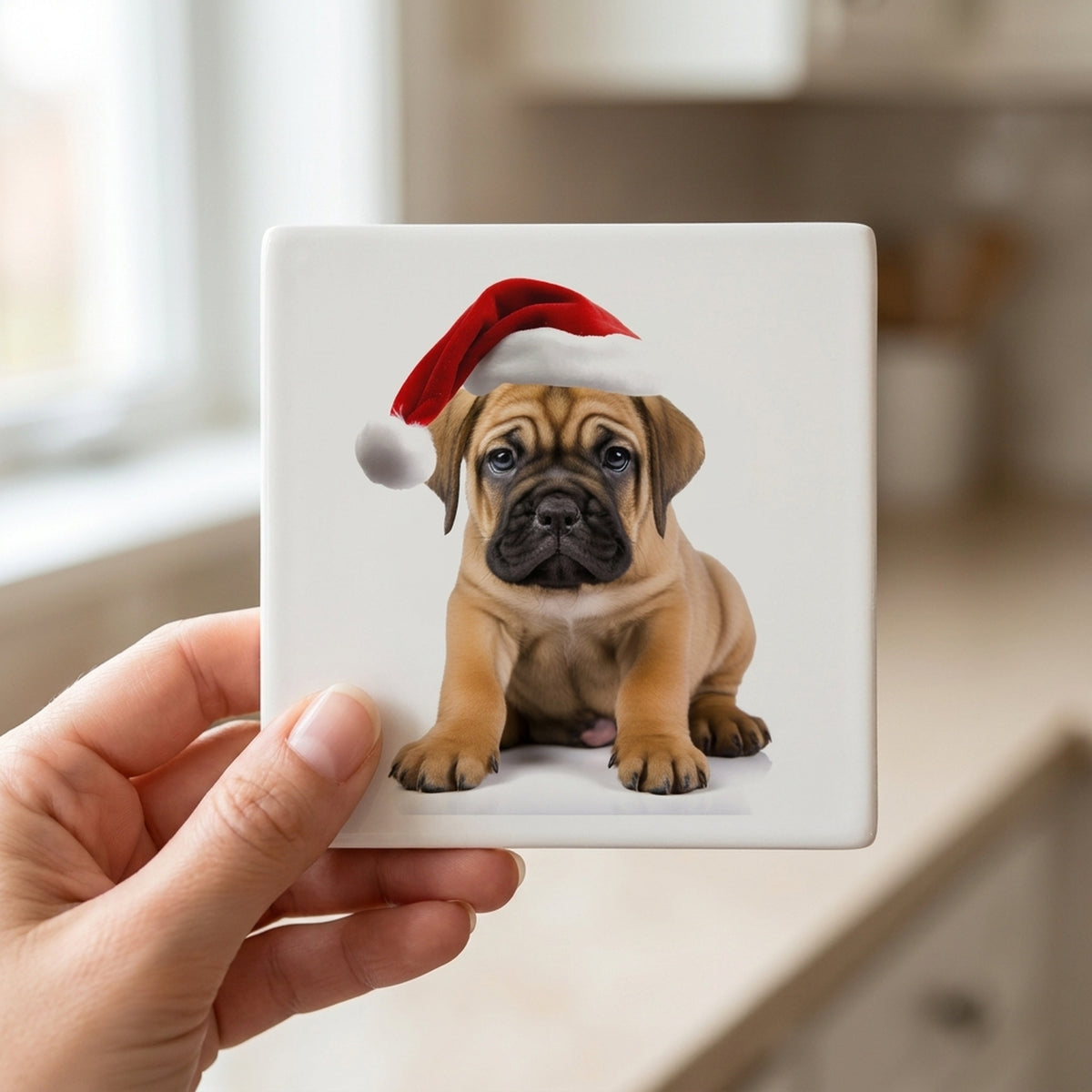 Bullmastiff Puppy ceramic coasters set of 4, in hand