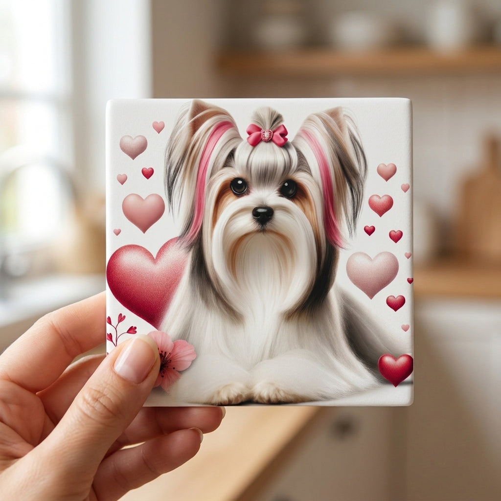 Biewer Terrier ceramic coasters set of 4, in hand