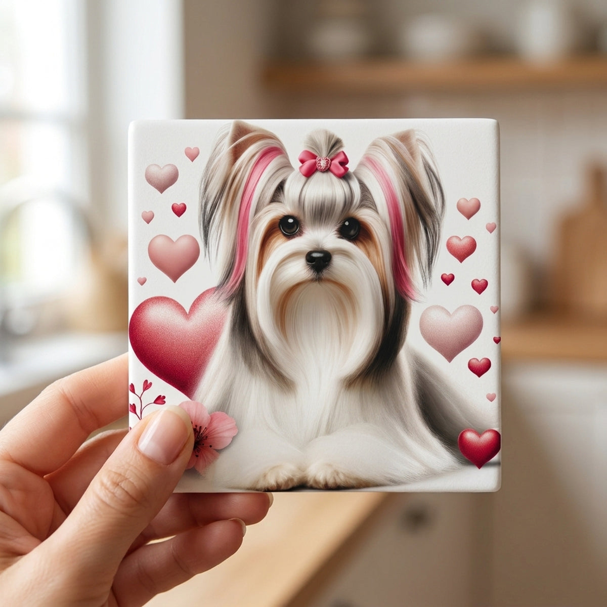 Biewer Terrier ceramic coasters set of 4, in hand