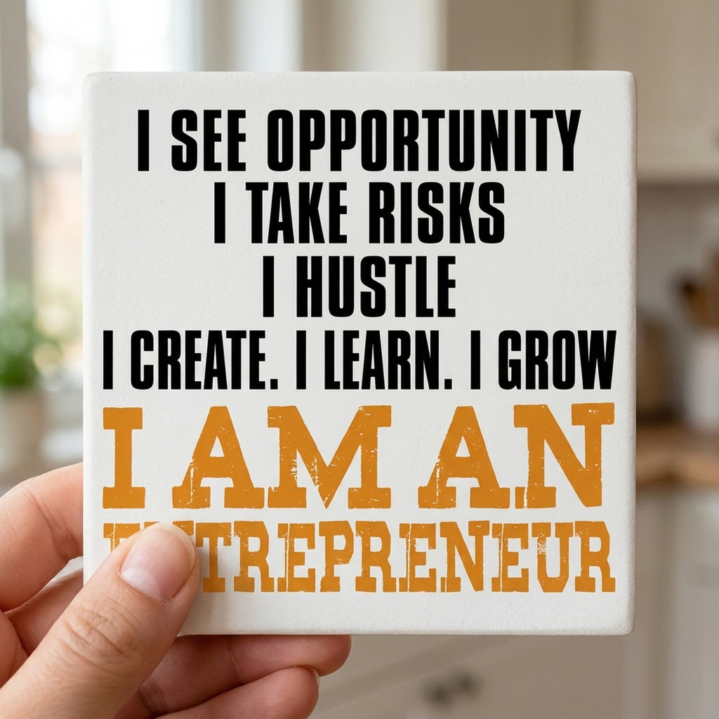 Entrepreneur Opportunity Risks Hustle ceramic coasters set of 4, in hand