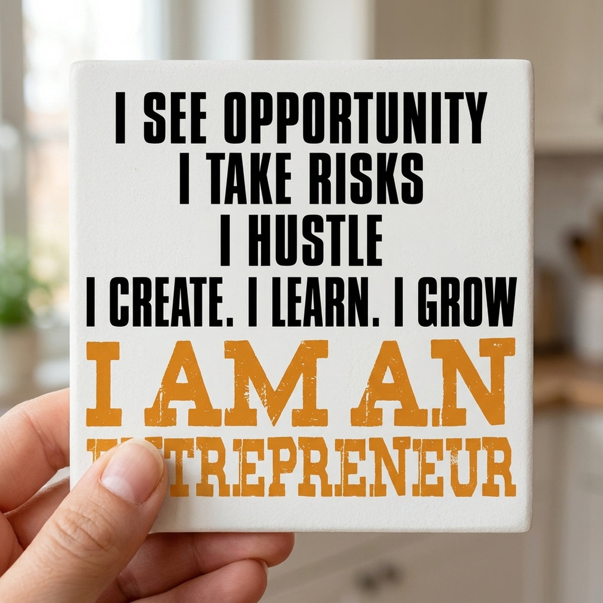 Entrepreneur Opportunity Risks Hustle ceramic coasters set of 4, in hand