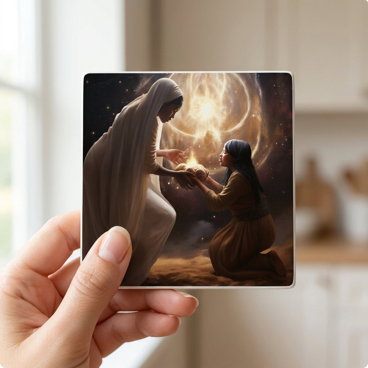 Celestial Gold Nativity ceramic coasters set of 4, in hand
